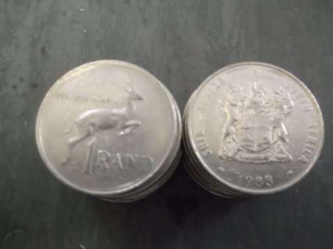 COINS : SOUTH AFRICAN R1 NICKEL 1988 ( TOTAL OF 21 COINS )